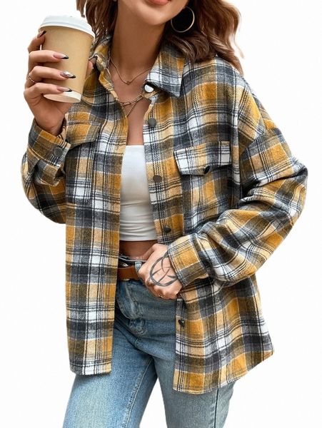 

plaid print flap pockets curved hem coat t5g0#, Black