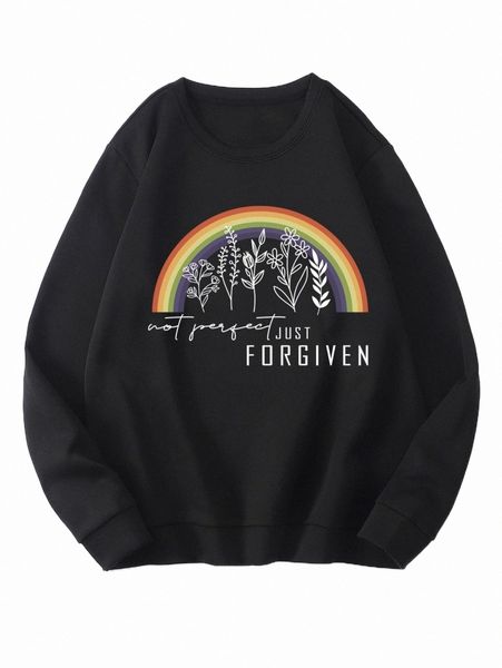 

slogan & rainbow print thermal lined pullover r3a2#, Black