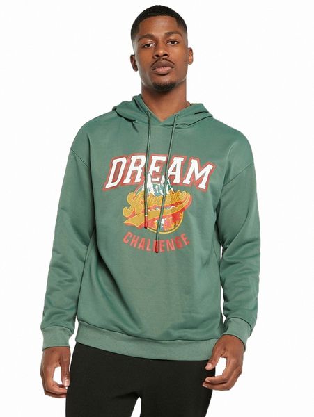 

men letter graphic drop shoulder drawstring hoodie d6vg#, Black