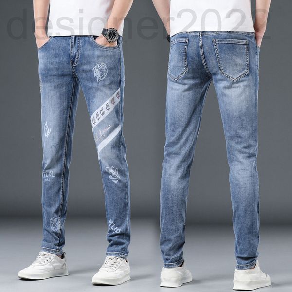 

men's jeans designer live broadcast high-quality printed jeans men's fashion personality versatile light blue elastic slim straigh