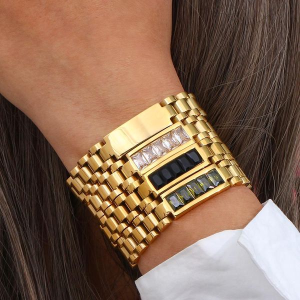 

design green black white 3a strand zircon stone paved watchband wrist bracelets for women stainless steel gold bangles