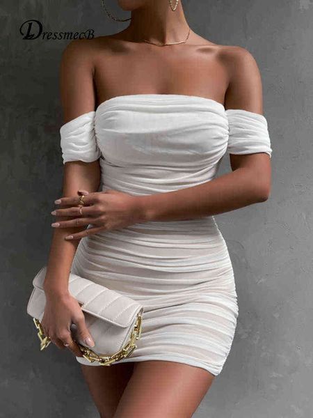 

dressmecb off shoulder mesh white dresses for women backless ziper ruched bosycon dress female sheath summer vestidos 2022 t220819, Black;gray