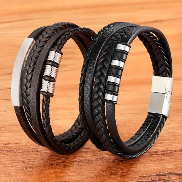 

multilayer braided wrap strands leather bracelets for men stainless steel charm magnetic clasp rock handmade bangles, Black