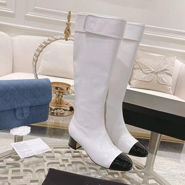 

luxury black and white chunky heel high knee boots women knees boot splicing zipper round toe booties party warm ladies mid-heel knight boot