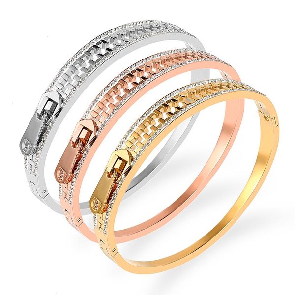 

brand fashion zirconia crystals bangles bracelets for women stainless steel european lover buckle valentines, Black