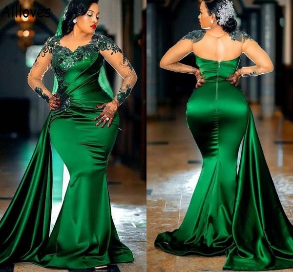 

dark green illusion long sleeves evening dresses for african girls lace appliqued sequins elegant satin formal party wear peplum mermaid pro, Black;red