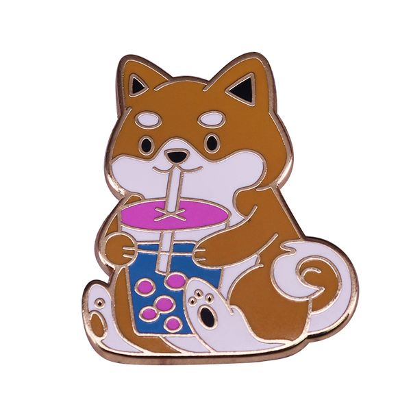 

cute dog drinks milk tea enamel pin funny animal brooch, Blue