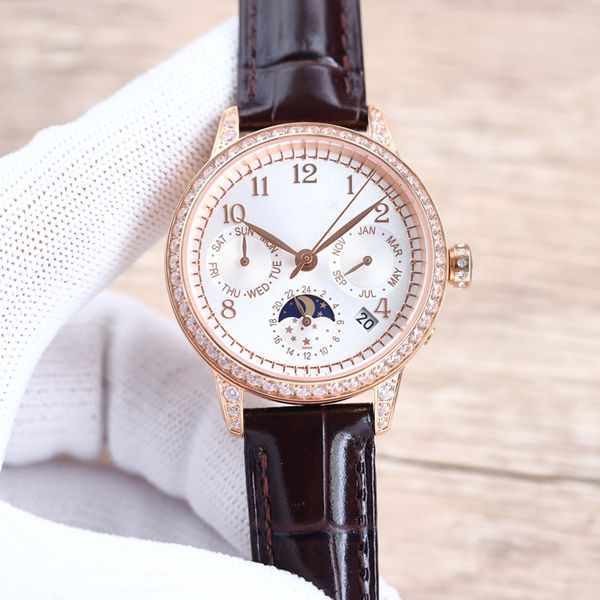 

fashion classic women's watch 35mm 9100 moon phase function mechanical movement sapphire mirror leather band life water resistant 100 m, Slivery;golden