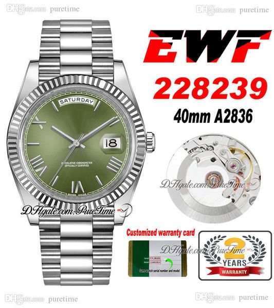 

ewf day date 40 228239 eta a2836 automatic mens watch fluted bezel green roman dial presidential bracelet same serial card super edition pur, Slivery;brown
