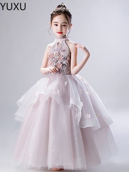 

2023 bling beaded crystal flower girls dresses for teens tulle lace floor length beach girl pageant party gowns tutu skirt formal kids wear, White;blue