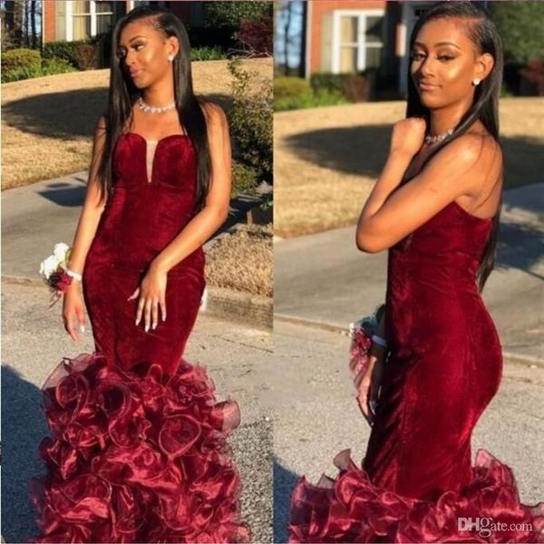 

burgundy prom dresses sleeveless sweetheart neckline velvet ruffles custom made evening party gowns formal occasion wear plus size vestidos, Black