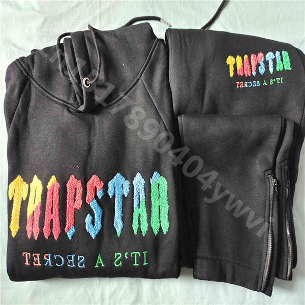 

men's trapstar two-piece sports pants hoodies sweatshirts embroidery set 2022 autumn winter men's cotton tracksuit, Black