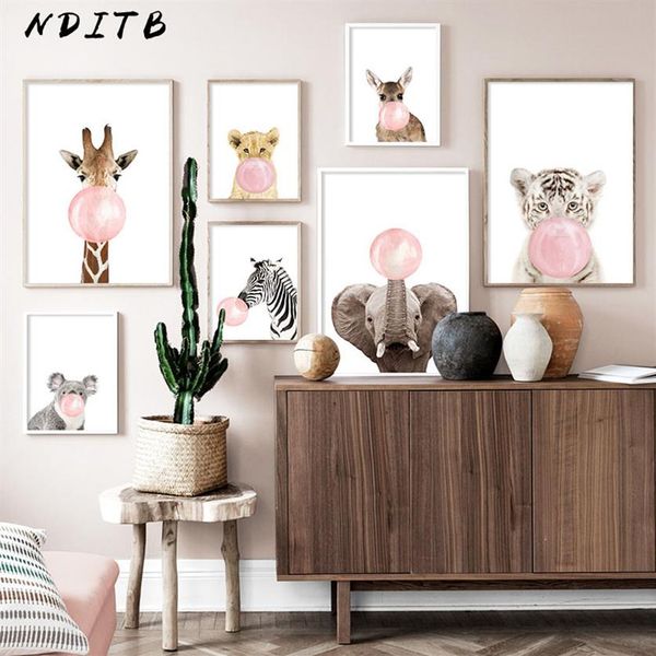 

pink bubble elephant giraffe child poster animal wall art canvas nursery print painting nordic kid baby room decoration picture1556