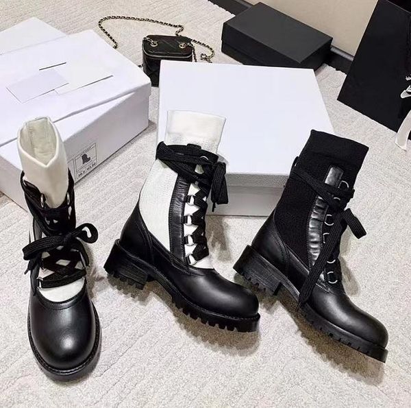 

luxury leather stitching knitted martin boots women's star new lace up thick sole cross straps black and white breathable elastic socks