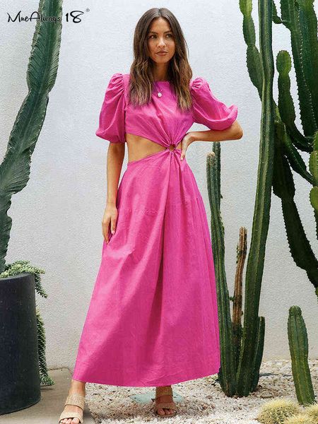 

mnealways18 holiday hollow out long dress pink puff sleeves backless dress summer dresses a-line woman 2022 round neck midi lady t220819, Black;gray