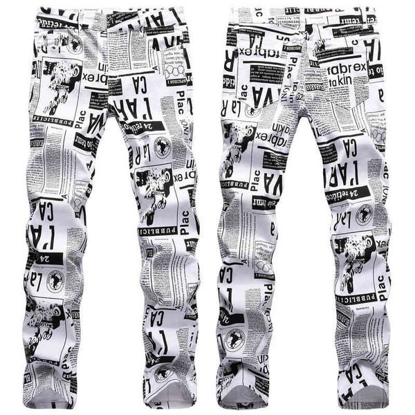 

trendy nightclub irregular personalized printed jeans men's color painting casual fashion slim fit trendy pants, Blue