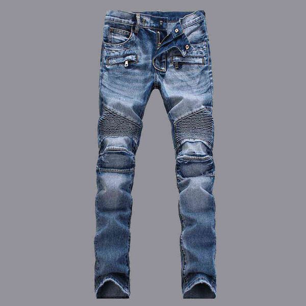 

jeans men's light color pleated slim straight zipper decorative motorcycle pants, Blue