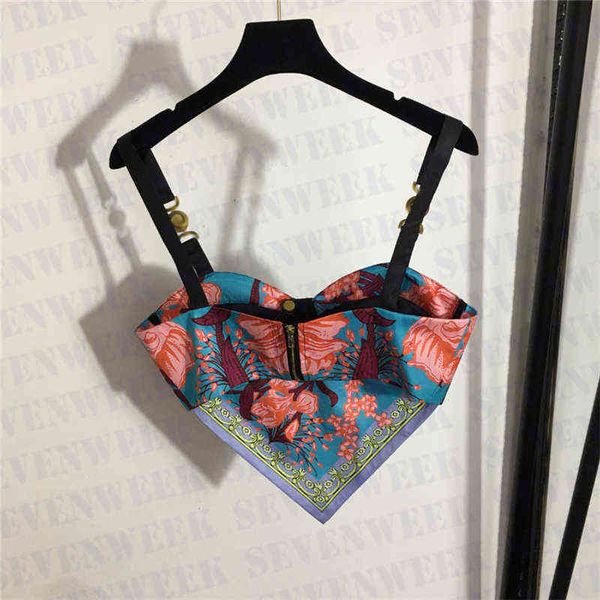 

vintage print sling bustier tanks for women metal shoulder buckle tights summer fashion vest party, White