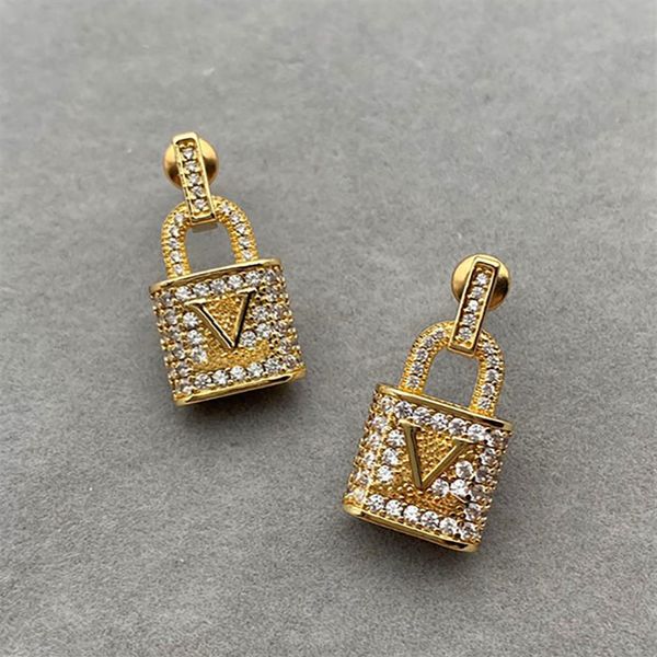 

womens luxury 18k gold lock diamond ear studs fashion brand jewelry earrings lady wedding accessories with gift box323a, Golden;silver