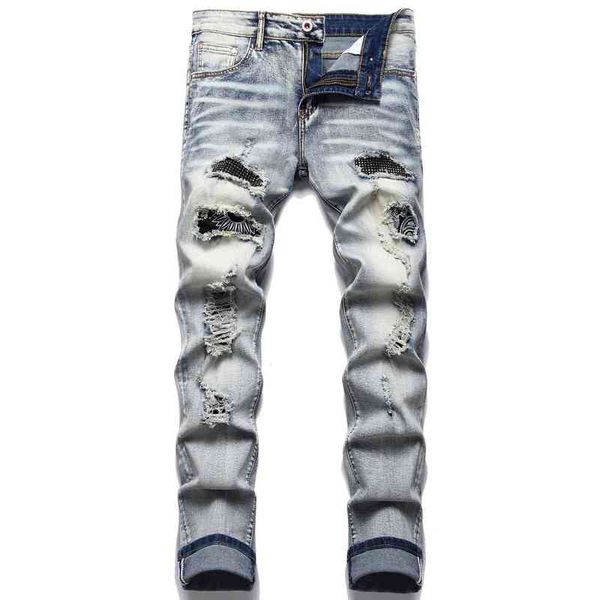 

new design stitching hole sticking cloth drill men's small straight tube elastic motorcycle jeans, Blue