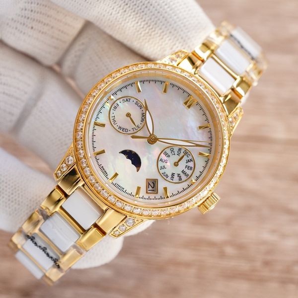 

fashion classic women's watch 35mm 9100 moon phase function mechanical movement sapphire mirror ceramic band life water resistant 100 m, Slivery;golden