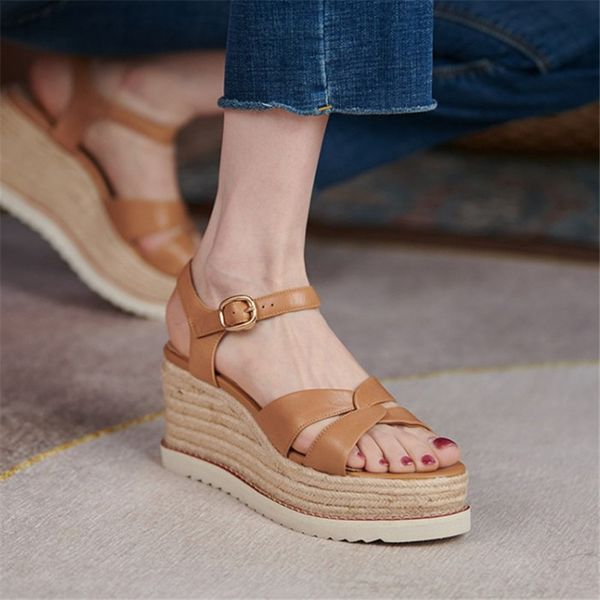 

dress shoes 2022 summer natural genuine leather women sandals platform wedge high heels ankle strap weaving lady party dailydress, Black