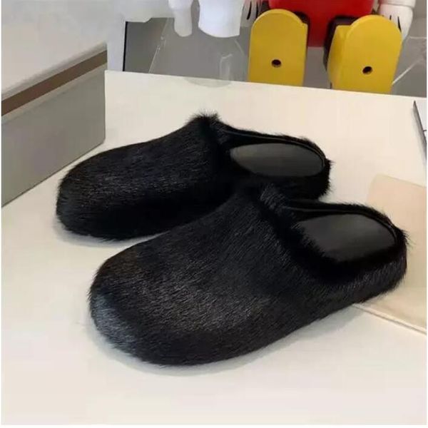 

2023fashion fur slippers women round toe horse hair slides female mohair black rose red green mules shoes flat half slipper woman casual plu