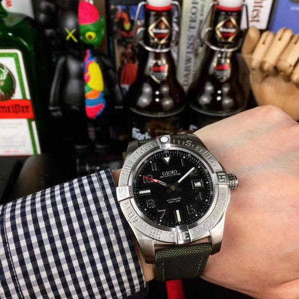 

automatic mechanical men watch black green canvas leather, Slivery;brown