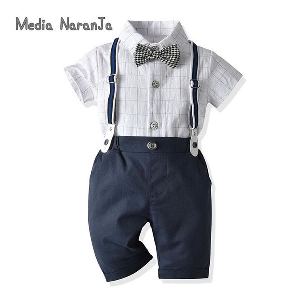 

summer plaid gentleman children's short-sleeved clothes cropped pants baby strap three-piece boy suit224p, White