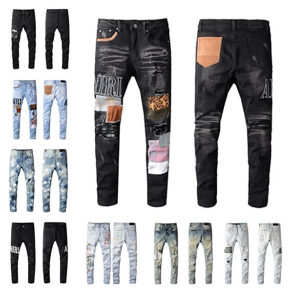 

22ss mens designer jeans distressed ripped biker slim fit motorcycle denim for men s fashion jean mans pants pour hommes, Blue