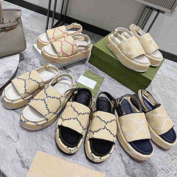 

2022 classic new fashion women flat heels sandals slippers designer luxury back strap beach shopping home embroidery thick sole printed, Black