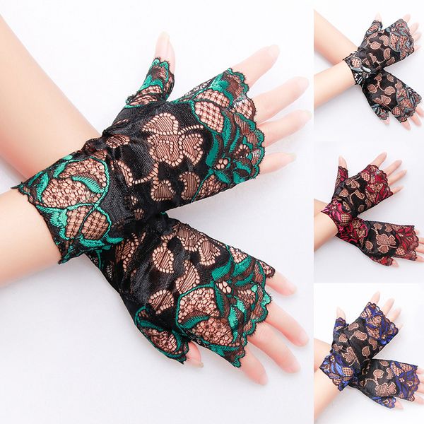 

women floral lace fingerless gloves uv sun protection driving wedding bridal short half finger summer mittens 211655, Blue;gray