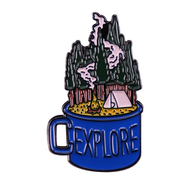 

explore camping cup mug lapel pin forest adventure brooch wanderlust gift enjoy nature festival fashion jewelry, Blue