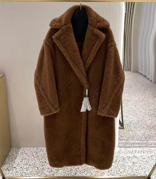 

tobacco mm teddy bear alpaca fur women long coats button lapel neck female outdoor parkas polyester inside cashmere, Black