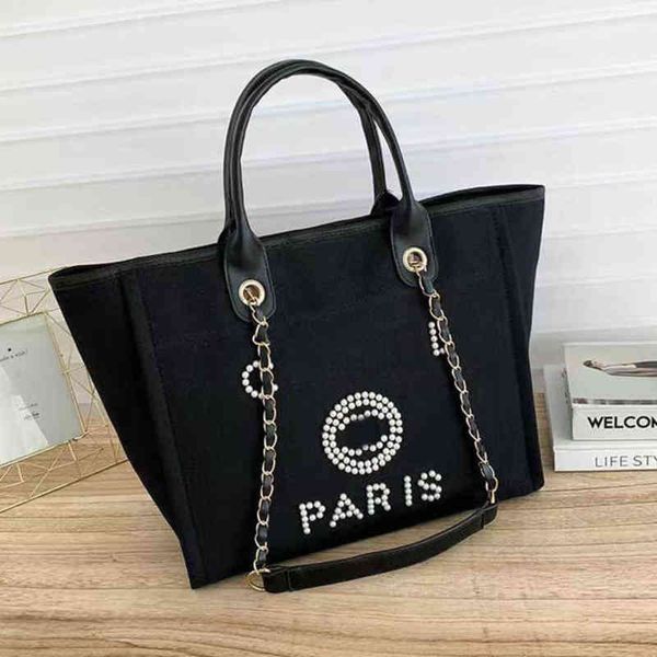 

luxury fashion women's evening bags brand ch handbags pearl tote canvas beach bag designers female portable shoulder large capacity big, Black;red
