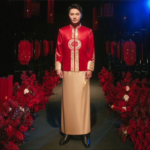 

tang suit ethnic clothing men cheongsam male groom wedding qipao married embroidery chinese style robe jacket costume, Red