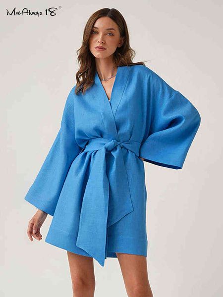 

mnealways18 holiday short dress woman cotton linen loose wrape summer robe dress with sashes casual long sleeves lady dress 2022 t220819, Black;gray