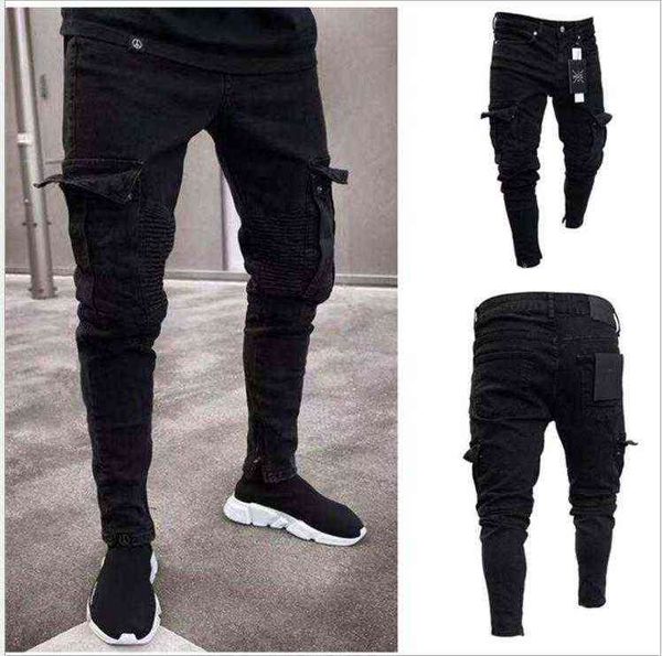 

stretch men's jeans trend knee hole zipper leg pants, Blue