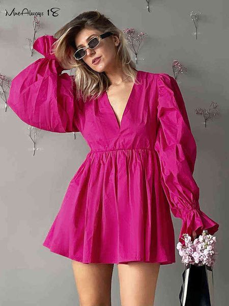 

mnealways18 lantern sleeve ruched dress ruffled low-neck a-line mini dress women fashion ladies high street rose red dress femme t220819, Black;gray