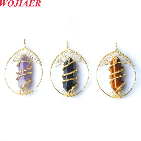 

wojiaer tree of life pendant natural stone gold color wire wrapped crystal for jewelry making necklace bo966, Silver