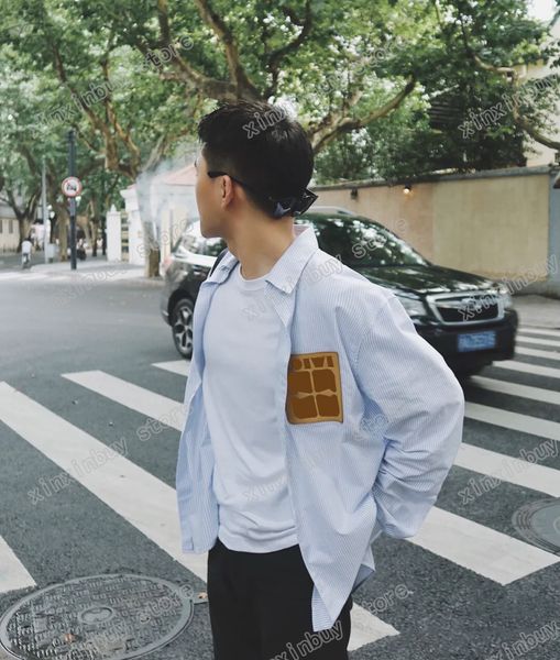 

xinxinbuy men women designers casual shirts blue white vertical stripe leather letter print cotton long sleeve turn down collar streetwear x, White;black