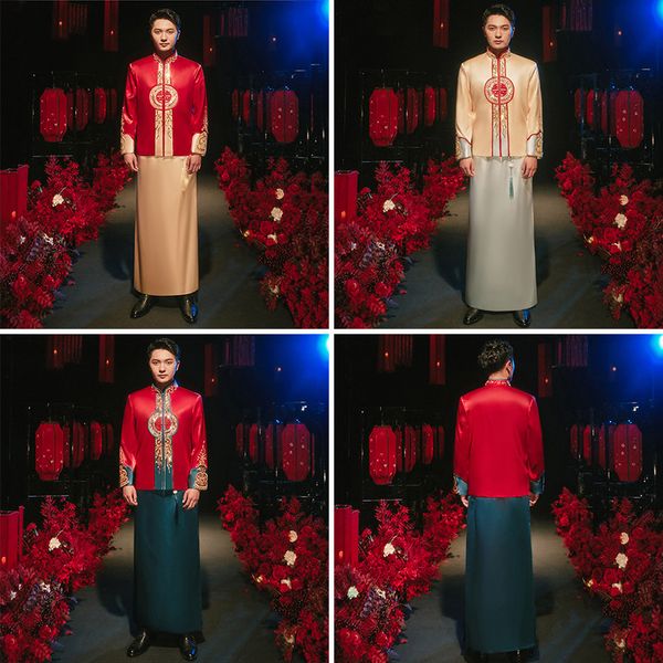 

chinese ethnic clothing traditional men's tang suit cheongsam male robe embroidered qipao ancient wedding party costume, Red