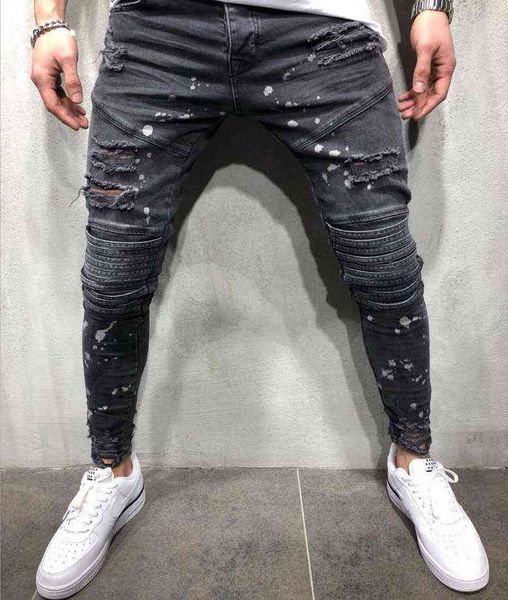 

zipper jeans men's fashion knee hole zipper small foot motorcycle pants, Blue