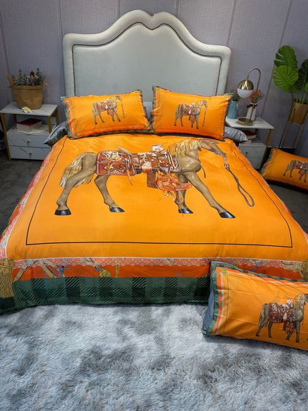 

luxury orange king size designer bedding sets silk horse printed  size duvet cover bed sheet fashion pillowcases comforter set covers
