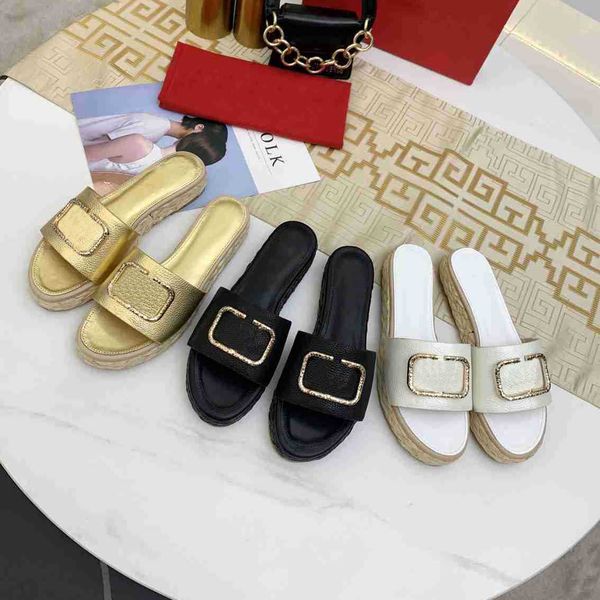 

ladies designer slippers summer thick sole woven metal outdoor beach sandals flat indoor women home shoes fashion classic black white size