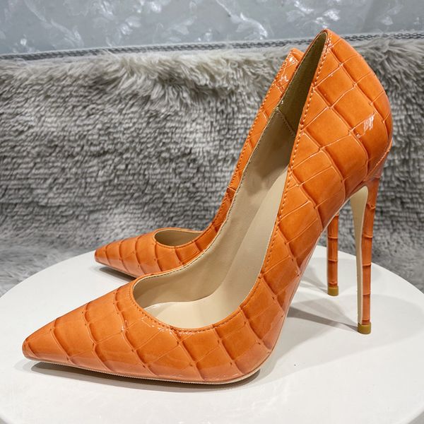 

designer red sole thin heel shoes new orange crocodile effect patten women pointy toe high heels pumps brand red bottoms 80 100 120 mm stile, Black