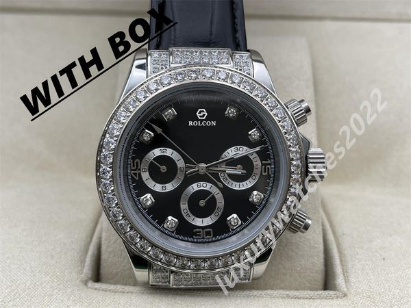

premium super factory men's 40mm watch with diamond bezel black lether strap 2813 movement automatic super luminous sapphire diver watc, Slivery;brown