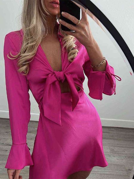

women hollow out bow tie satin dress female fashion casual front flare sleeve deep v neck mini dress 2022 summer pink dresses t220819, Black;gray