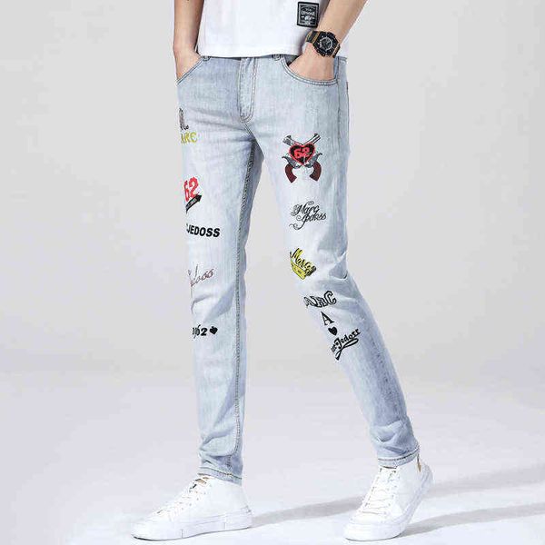 

men's skinny embroidered slim fitting jeans sprg and summer of 2022 new, Blue