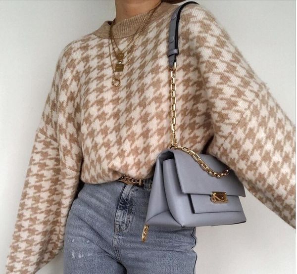 

women sweater casual houndstooth lady pullover female 2022 autumn winter retro jumper geometric blue knitted sweater, White;black